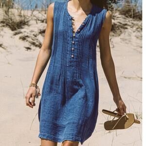 Faherty Women's SZ M 100% Organic Cotton Isha Linen Mini Dress In Indigo Pockets